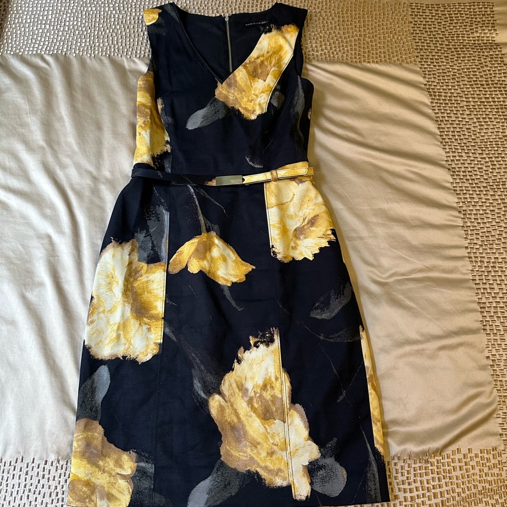 White House Black Market Black and Yellow Floral Sheath Dress with Belt Sz 8